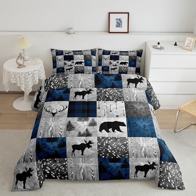 Rustic Bear Bedding Set King Size,Farmhouse Moose Elk Deer Comforter Sets Cabin Lodge Decor,Hunting Animal Quilt Set,Blue Grey Buffalo Plaid Check Patchwork Down Comforter with 2 Pillowcases