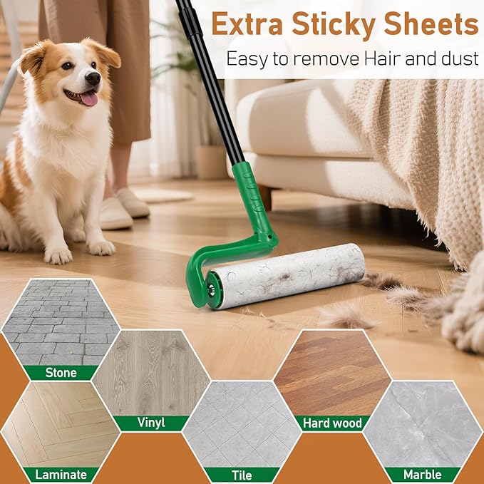 10" Large Lint Roller for Pet Hair Extra Sticky, Long Handle Floor Sticky Rollers with Big Lint Roller Refills for Cleaning Carpets, Cars, Furniture,Clothing, and Pet Hair,Green