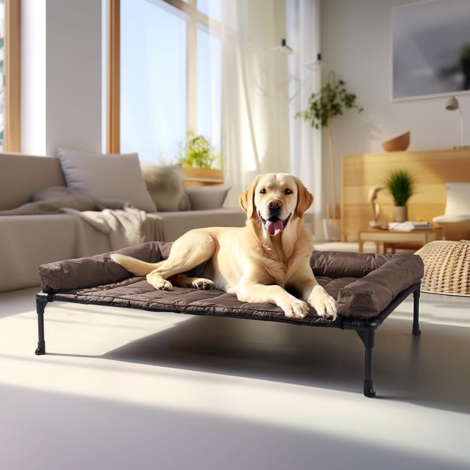 Veehoo Cooling Elevated Dog Bed Add Removable Waterproof Bolster Cushion Mat, Raised Pet Cot with Breathable Teslin Mesh, No-Slip Feet, Dog Couch Bed for Indoor Outdoor, Large, Brown CWC2331B
