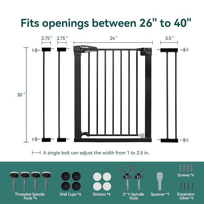 Babelio Baby Gate for Doorways and Stairs, 26-40" Auto Close Dog Gate, Easy-Install Pressure Mounted Satey Door, No Drilling Safety Gate for Child and Pets, Pressguard, Black