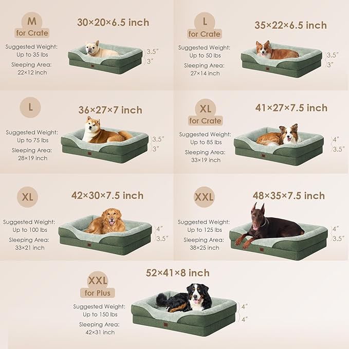 EHEYCIGA Memory Foam XL Dog Bed for XLarge Sized, Extra Large Orthopedic Dog Sofa with Sides and Waterproof Liner, Washable Bolster Pet Couch with Removable Cover, 42x30x7.5 Inch, Green