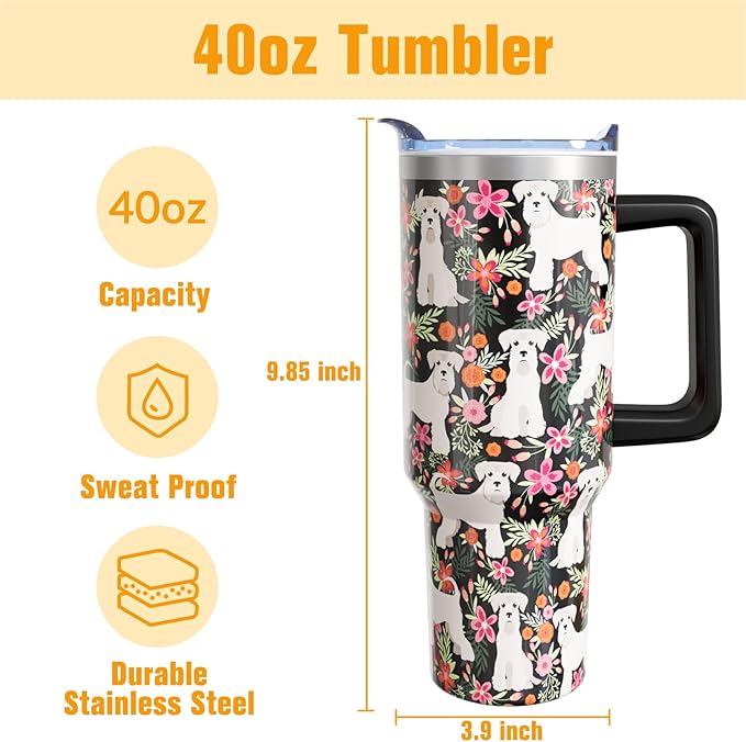 Schnauzer Gifts for Women Dog Lovers 40 oz Floral Schnauzer Tumblers with Handle and Straw, Stainless Steel Vacuum Insulated Travel Coffee Mug Cup Water Bottle