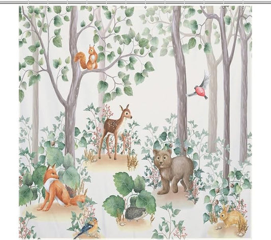 Rustic Woodland Shower Curtains for Bathroom Decor, Cute Cartoon Forest Wild Animal Bear Deer Fox Pattern Decor Print Bath Drapes Set with Hooks, Waterproof Fabric Windows Treatment, 72x72in
