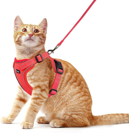 Rttochfy Cat Harness and Leash Set, Adjustable and Reflective Cat Vest, Escape Proof Kitten Harness, Easy to Put on with 3 Buckles for Cats Walking and Traveling (Red, L)