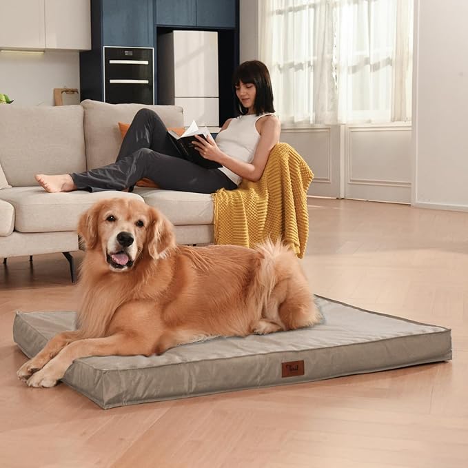 Orthopedic Dog Bed for Extra Large Dogs, XL Waterproof Dog Bed for Large Sized Dogs, Egg Crate Foam Pet Bed with Removable Washable Oxford Cooling Cover, Khaki