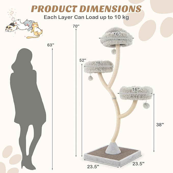 PETSITE 70" Tall Cat Tree, Cat Tower with Scratching Posts and Board, Multi-Level Cat Tower for Large Cats 20 lbs+ with 3 Cozy Perches and Dangling Balls, Modern Cat Tree for Indoor Cats Large Adult