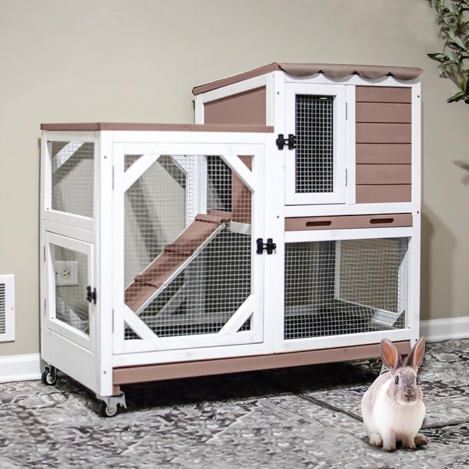 Gutinneen 2-Story Rabbit Hutch with Chew-Proof Ramp & Leak-Proof Trays - Indoor/Outdoor 39.3" Wooden Rabbit Cage with Wheels for Rabbits, Guinea Pigs