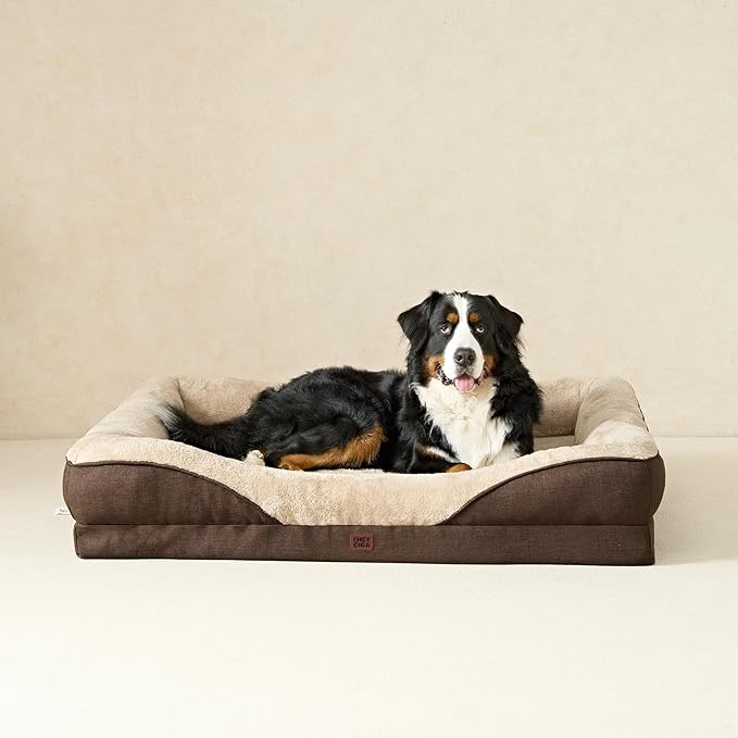 EHEYCIGA Memory Foam Dog Bed for Large Sized, Orthopedic Dog Sofa with Sides and Waterproof Liner, Washable Bolster Pet Couch with Removable Cover, 41x27x7.5 Inch, Brown