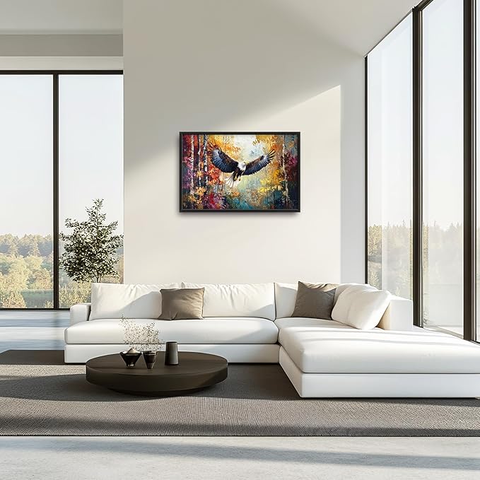 Extra Large Framed Bald Eagle Wall Art,Abstract Colorful Forest Wall Decor,Autumn Fall Forest Pictures for Living Room,Canvas Print Painting Modern Artwork Bedroom Office Home Decor 36L x 24W