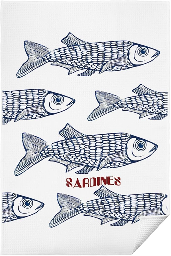 Sardine Fish Hand Towels, Sardine Decor Dish Tea Towels for Kitchen, Nautical Fishing Hand Towels for Bathroom, 16x24 Inch