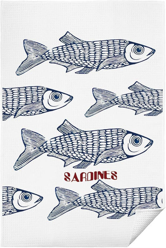 Sardine Fish Hand Towels, Sardine Decor Dish Tea Towels for Kitchen, Nautical Fishing Hand Towels for Bathroom, 16x24 Inch