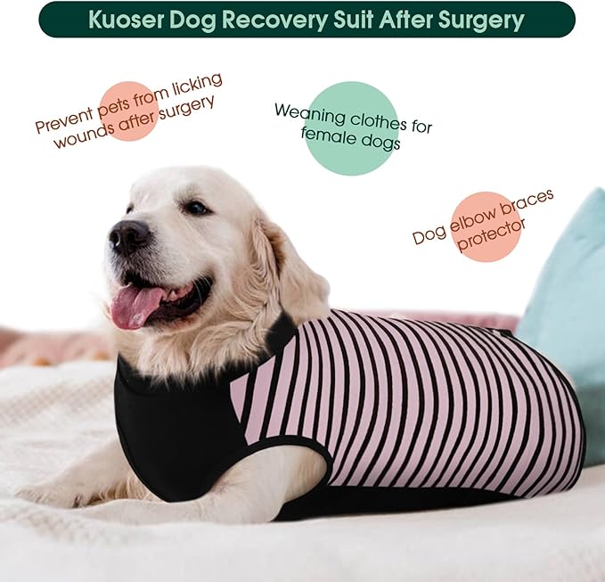 Kuoser Dog Recovery Suit, Anti Licking Dogs Rear Leg Sleeve, Abdominal Dog Surgical Suit with Pants Cover Protect Wounds, Dogs Elbow Protector Soft Pet Surgery Onesie Cone Alternative, Pink 4XL