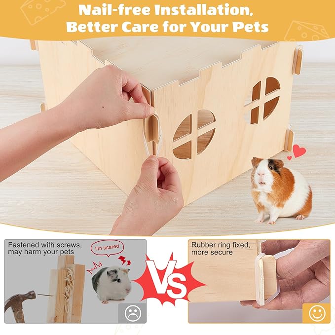 Guinea Pig Hideout, Guinea Pigs House with Stairs and Mats Extra Large Guinea Piggy Castle Detachable Hideouts for Small Animals Wooden Guinea Pig Habitats with Multiple Doors and Windows
