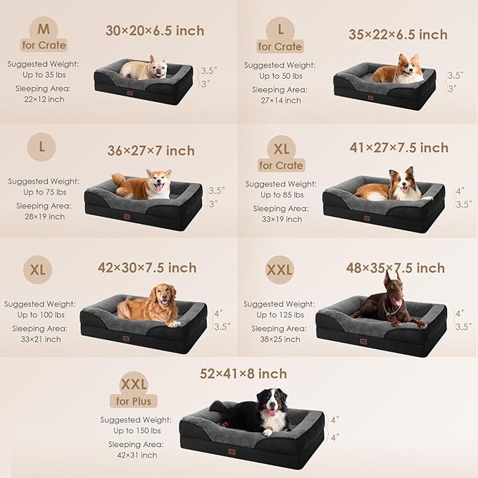 EHEYCIGA Memory Foam Dog Bed for Large Sized, Orthopedic Dog Sofa with Sides and Waterproof Liner, Washable Bolster Pet Couch with Removable Cover, 41x27x7.5 Inch, Grey/Black