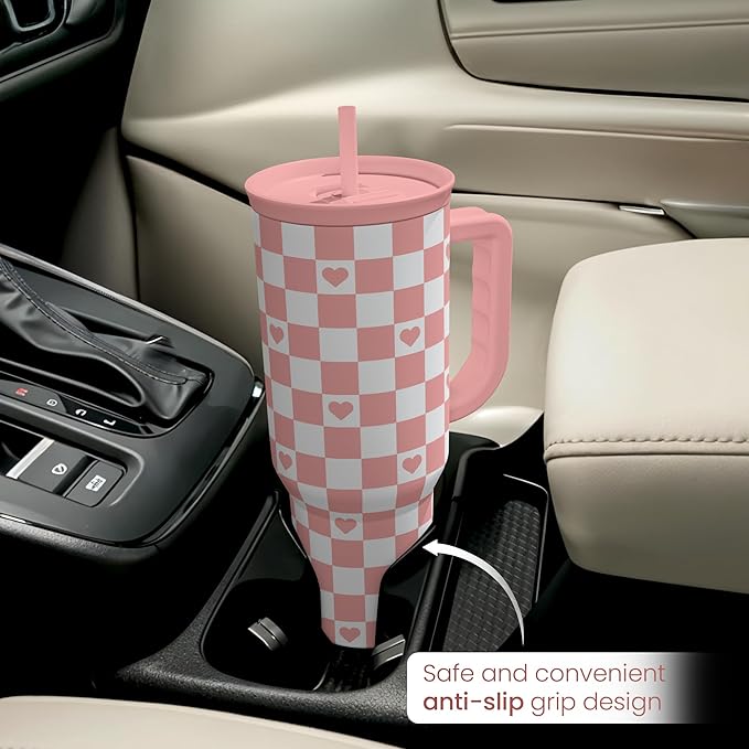 SANDJEST 40oz Checkered and Heart Tumbler with Handle and Straw - Insulated Stainless Steel Travel Coffee Mug for Women Girls, Gift for Birthday, Christmas