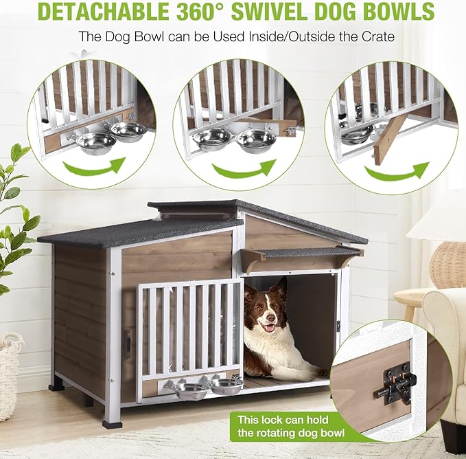 Dog House Outdoor with Bowls Weatherproof Dog Kennel with Anti-Chewing Iron Frame Dog Shelter for Small Medium Dogs(Light Brown)