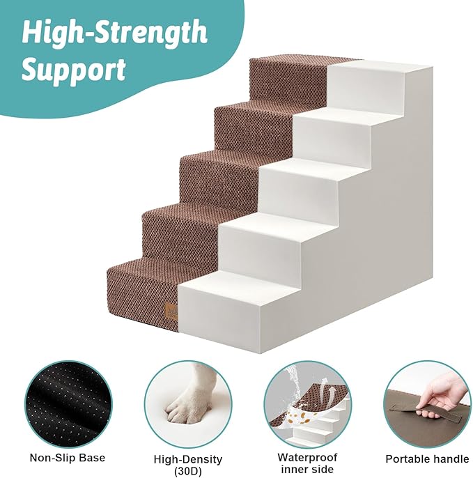 Dog Stairs for Small Dogs, 5 Tier Wider Pet Stairs for High Beds, 23.6" H Non-Slip Dog Steps for Old Cats, Puppies, Small Medium Dogs, 29.5x19.7x23.6 inch, Brown