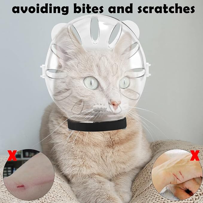 SAVITA Cat Breathable Bubble Helmet with Silicone Paw Covers, Light Green Cat Adjustable Hood Plastic Kitten Breathable Anti Bite Muzzles for Cats Grooming Bathing Shaving Nail Trimming