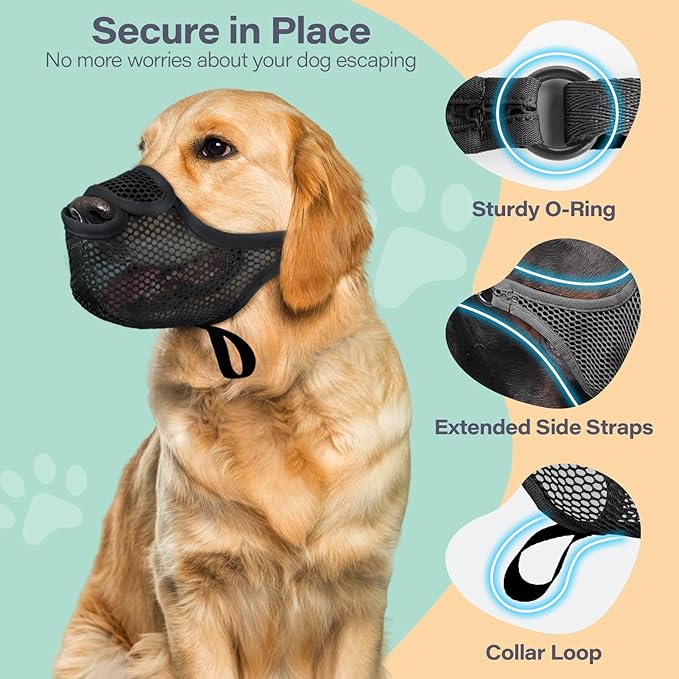 LUCKYPAW Dog Muzzle for Large Medium Small Dogs, Patented Mesh Muzzle to Prevent Biting Chewing Eating, Soft Mouth Guard with Front Opening Design for Drinking Panting(Black, M)