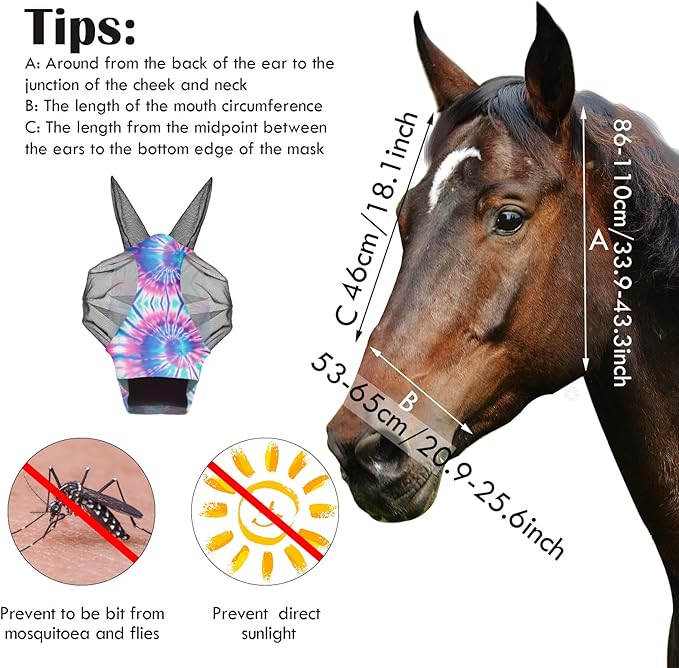 Qualirey12 Pieces Horse Fly Mask Bulk Comfortable Elasticity Mask for Horses with Ears Net UV Protection Breathable Face Covering for Pony and Foal(Large, Tie Dye Patterns)