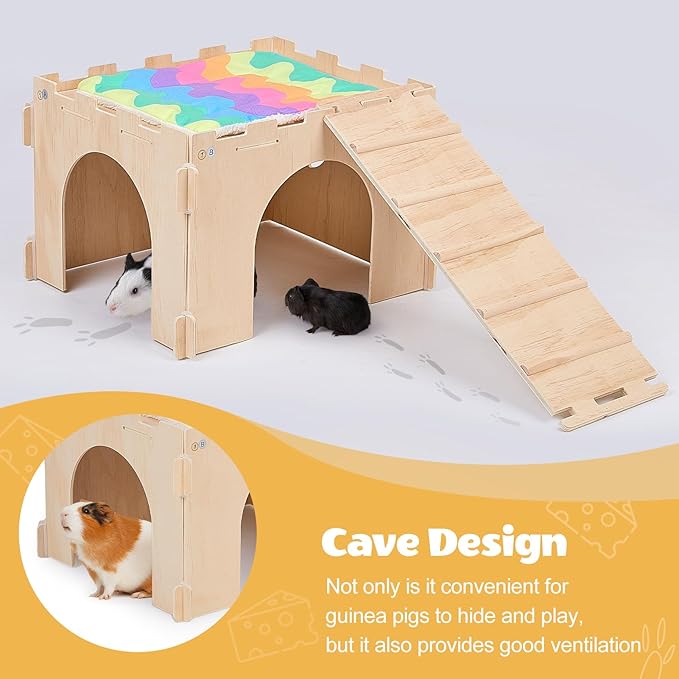 Guinea Pig Hideout, Guinea Pigs House with Stairs and Mats Extra Large Guinea Piggy Castle Detachable Hideouts for Small Animals Wooden Guinea Pig Habitats with Multiple Doors and Windows