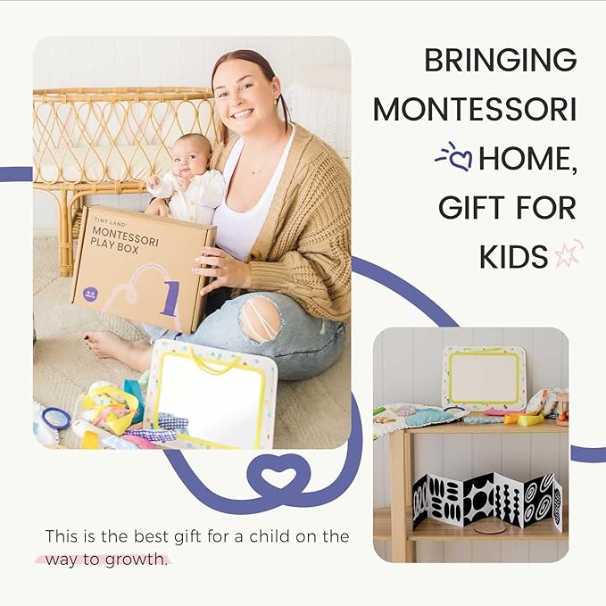 Tiny Land Montessori Baby Toy Set 0-3 Months Newborn Development Sensory Play Kit - 5-in-1 Mirror, Black & White Card Set, Rolling Bell, Play Mat, and Bed Wrap
