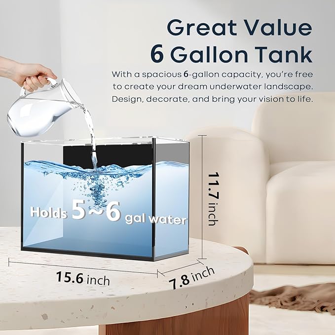 6 Gallon Glass Fish Tank, Small Aquarium Fish Bowl Cube for Betta Goldfish Snails Shrimp Aquatic Planting, Easy to Maintain Ultra Clear Rimless Design 5 Gallons Low Iron