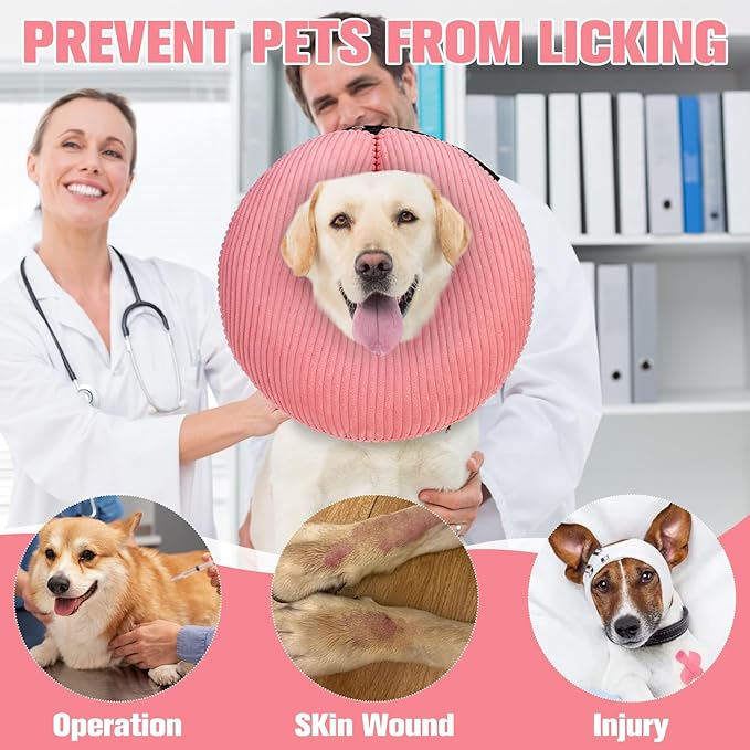 BINGPET Inflatable Dog Cone Collar Alternative After Surgery,Soft Recovery Cone for Dogs to Stop Licking,Protective Neck Donut E Collar Adjustable for Small Medium Large Dogs & Cats(Pink,L)
