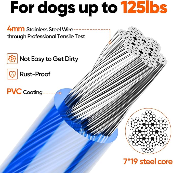 Tresbro 25FT Blue Reflective Tie Out Cable for Dogs Up to 125 Pounds, Steel Wire Lead Leash with Stainless Rotatable Buckle, Lightweight and Enduring, Dog Chains Outside for Outdoor,Yard,Camping