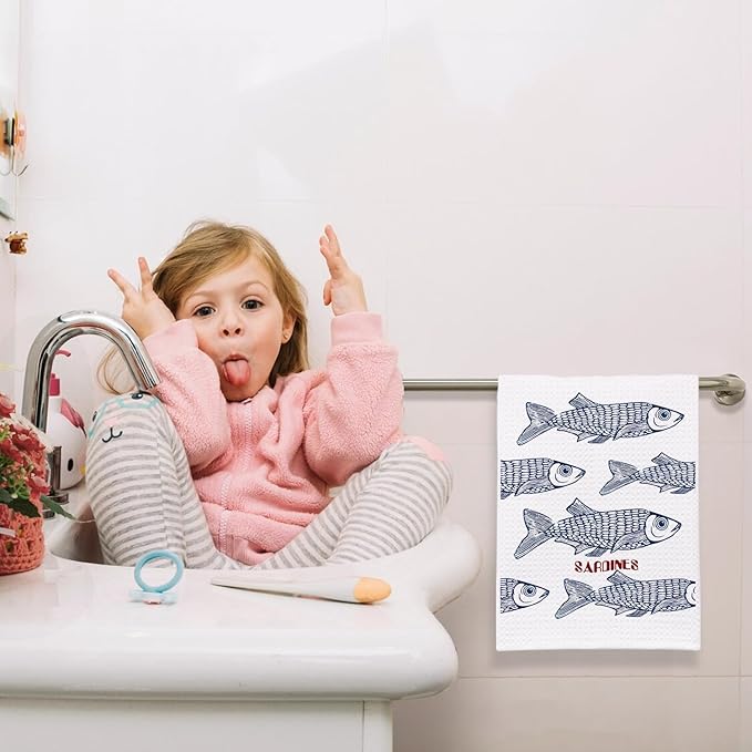 Sardine Fish Hand Towels, Sardine Decor Dish Tea Towels for Kitchen, Nautical Fishing Hand Towels for Bathroom, 16x24 Inch