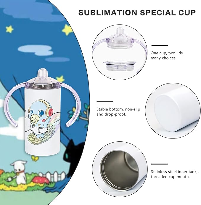 2 Pack Sublimation Blank Sippy Cup Tumblers with Handles Straight Stainless Steel Insulated Skinny Tumblers with Splash-proof Lid 12 oz Shatterproof Water Tumbler