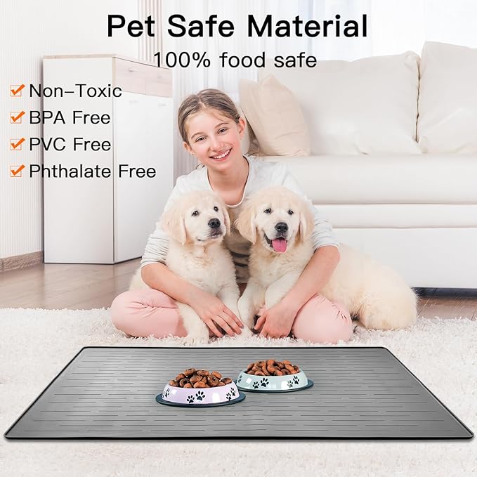 32" x 24" Large Pet Food Mat, Silicone Dog Mats for Food and Water, Nonslip Pet Feeding Mats for Floors,Dog Cat Bowl Mat with Raised Edges, Gray White