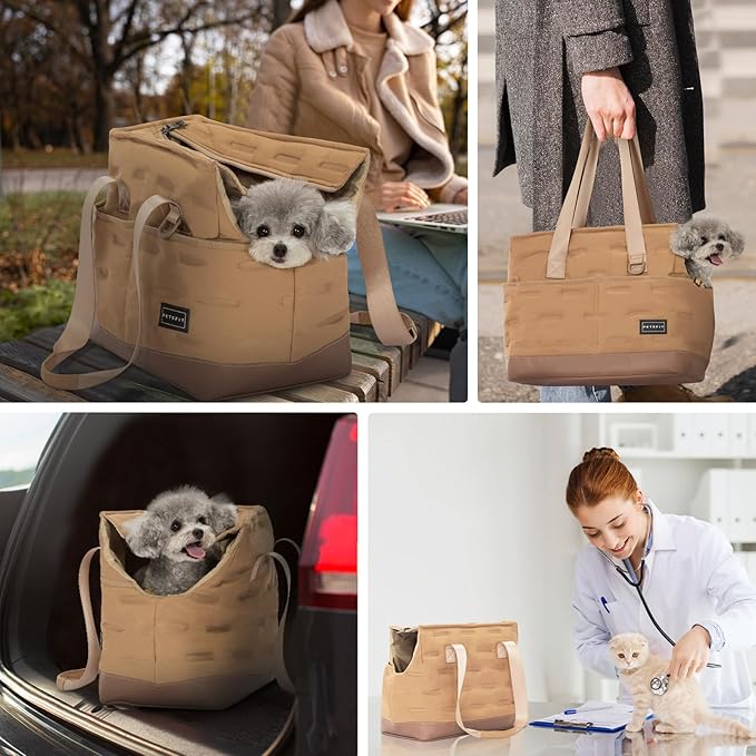 Petsfit Small Dog Carrier Purse, Portable Pet Carrier Tote Cat Carrier with Pockets, Adjustable Safety Leash, Poop Dispenser, Waterproof TPU Bottom,Khaki