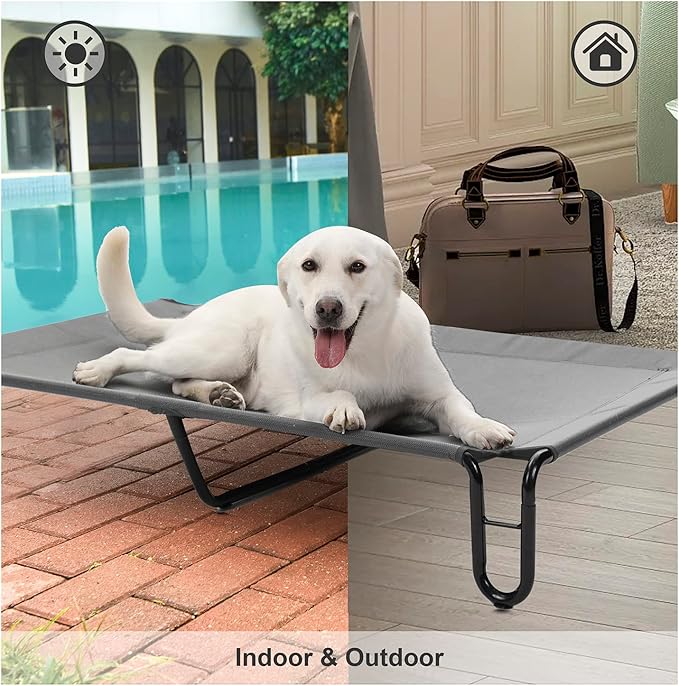 pettycare Elevated Outdoor Dog Bed - Dog Cots beds for Large Dogs XL, Waterproof Raised Dog Bed Easy to Assemble, Cooling Elevated Dog Bed with Teslin Mesh, Durable, Non Slip, Up to 85 lbs,Grey