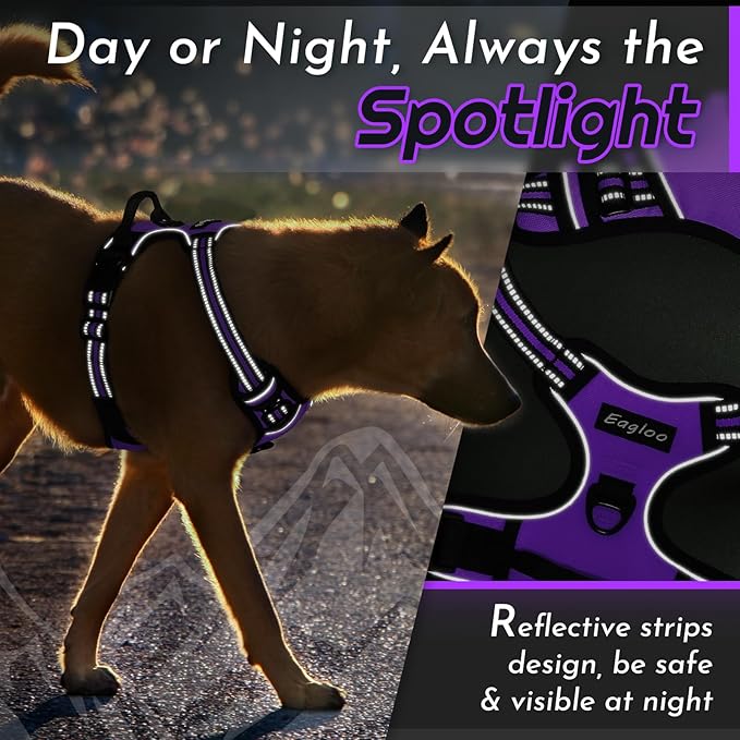 Eagloo Dog Harness for Large Dogs, No Pull Service Vest with Reflective Strips and Control Handle, Adjustable and Comfortable for Easy Walking, No Choke Pet Harness with 2 Metal Rings, Purple, L