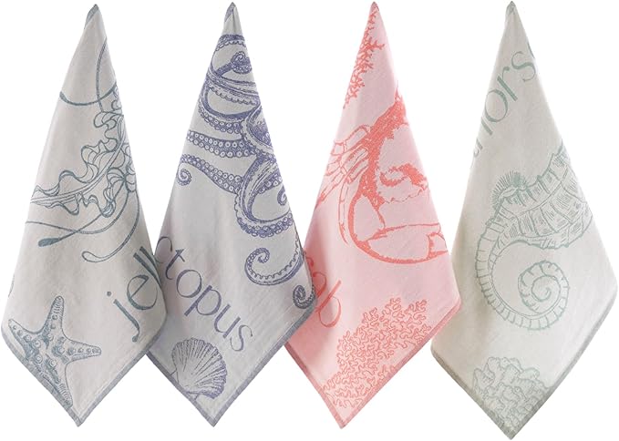 sea me at home Jacquard Sea Life Kitchen Towels, 4-Pack, 100% Cotton, Medium (19.5" x 27"), Sea Life Color
