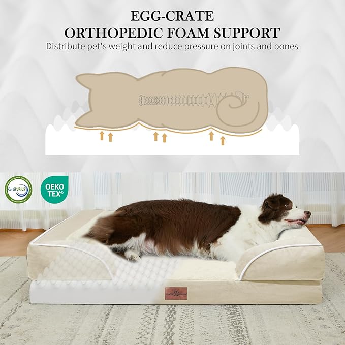 Comfort Expression Waterproof Dog Beds for Large Breed Dogs, Large Dog Beds Orthopedic Foam, Comfy Pet Bed Sofa with Washable Removable Cover & Non-Slip Bottom(Beige)