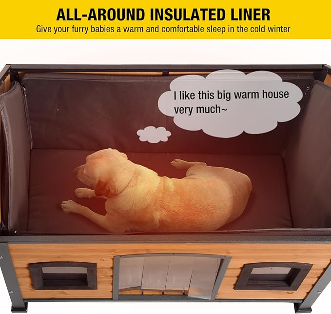 Aivituvin Dog House with Insulated Liner Anti-Chewing Metal Frame Design Insulated Wooden Dog Kennel with Unique Design Roof, Weatherproof Dog House for Outdoor Indoor