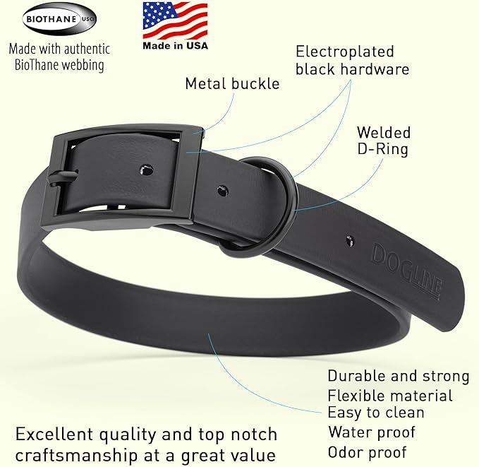 Dogline Biothane Waterproof Dog Collar Strong Coated Nylon Webbing with Black Hardware Odor- Proof for Easy Care Easy to Clean High Performance Fits Small Medium or Large Dogs, Black