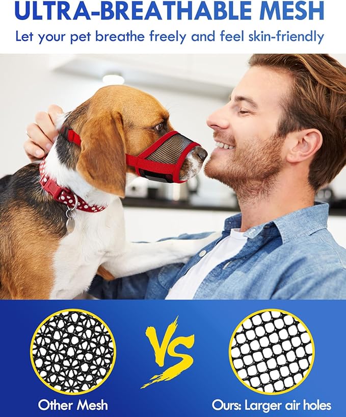 Dog Muzzle, Soft Air Mesh Muzzle for Small Medium Large Dogs Anti Biting Barking Chewing, Breathable Drinkable Adjustable Loop Pets Muzzle for German Shepherd Husky Labrador Retriever (Red,XL)