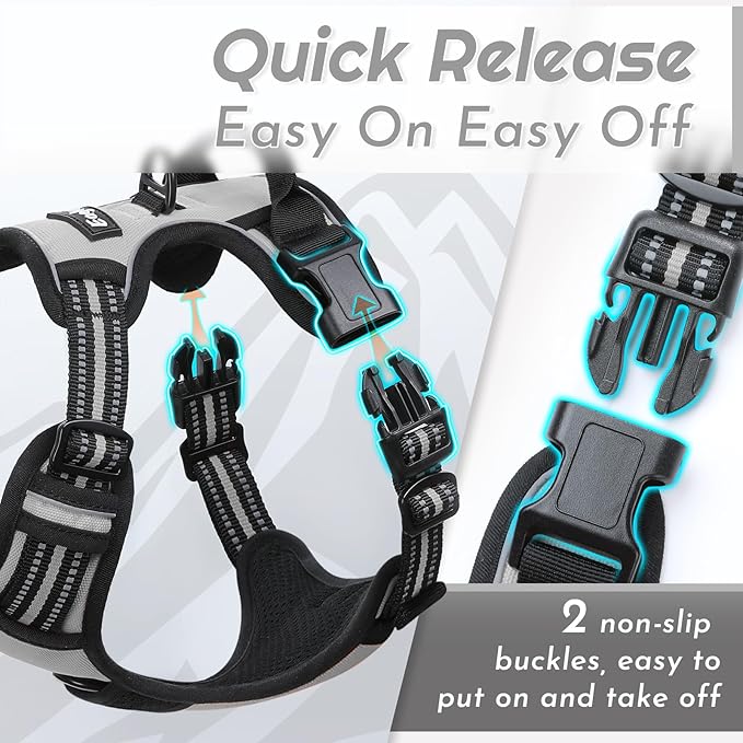 Eagloo Dog Harness Medium Sized Dog, No Pull Service Vest with Reflective Strips and Control Handle, Adjustable and Comfortable for Easy Walking, No Choke Pet Harness with 2 Metal Rings, Grey, M
