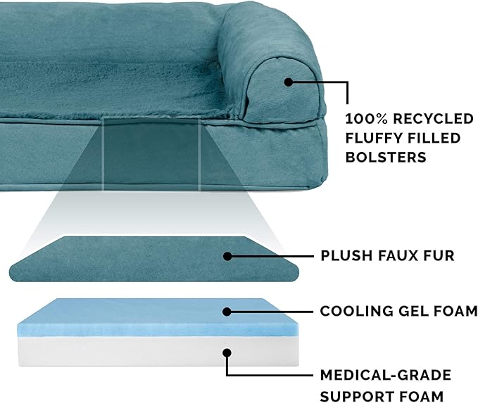 Furhaven Cooling Gel Dog Bed for Large Dogs w/ Removable Bolsters & Washable Cover, For Dogs Up to 95 lbs - Plush & Suede Sofa - Deep Pool, Jumbo/XL