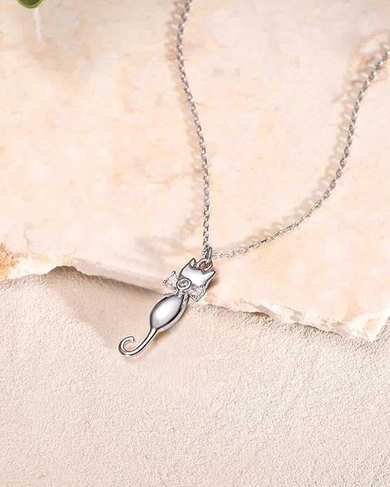 S.Leaf Sterling Silver Cat Necklace - Kitten Jewelry for Cat Lovers - Themed Gifts for Women