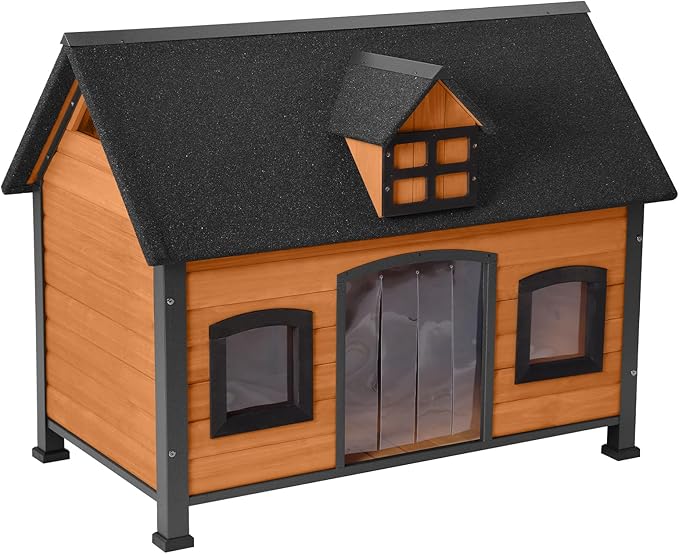 Aivituvin Large Dog House Anti-Chewing Metal Frame Design Insulated Wooden Dog Kennel with Unique Design Roof, Weatherproof Dog House for Outdoor Indoor