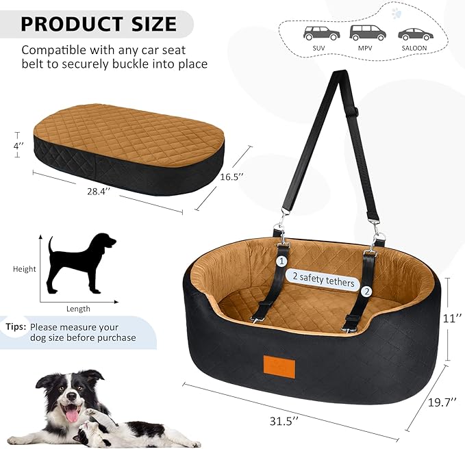 Dog Car Seat for Medium & Large Dogs up to 55 lbs, Elevated Booster Seat with Anti-Slip Base, Detachable & Machine-Washable Pet Car Bed for SUV/Sedan (Black/Brown)