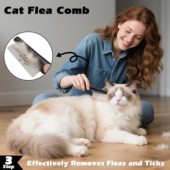 Comotech 3PCS Cat Grooming Supplies,Cat Brush & Nail Clipper/Trimmer & Flea Comb for Shedding Indoor Cats Dogs and Small Animals - Meet All Your Pet's Daily Grooming Needs - All in One Set (Black)