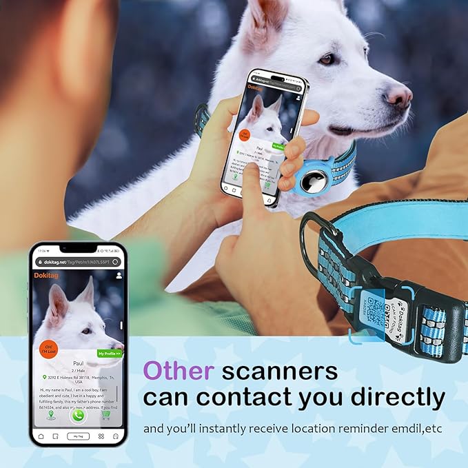 Reflective Dog Collar with Apple AirTag Holder & QR Code Pet ID Tag,Soft Nylon Adjustable Dog Tracker Collar with Safety Lock for Medium Dogs(Blue, M)