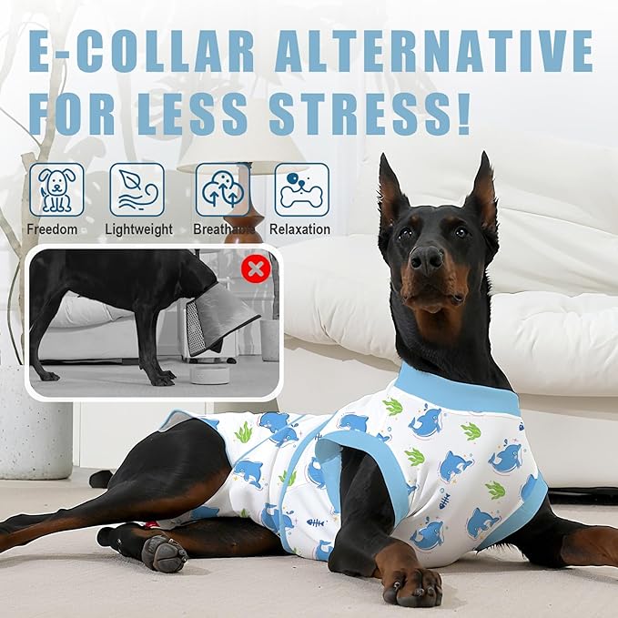 Recovery Suit for Dogs After Surgery, Professional Dog Surgical Suit for Female Spay, Male Neuter, E-Collar & Cone Alternative Dog Onesie for Abdominal Wounds Skin Disease, Blue, L