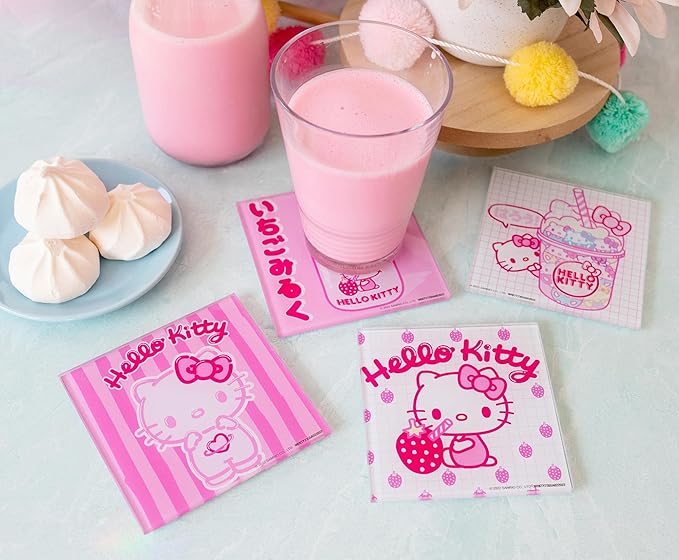 Sanrio Hello Kitty Strawberry Milk Glass Coasters for Drinks, Set of 4 | Tabletop Protection for Home Kitchen, Dining Room Table