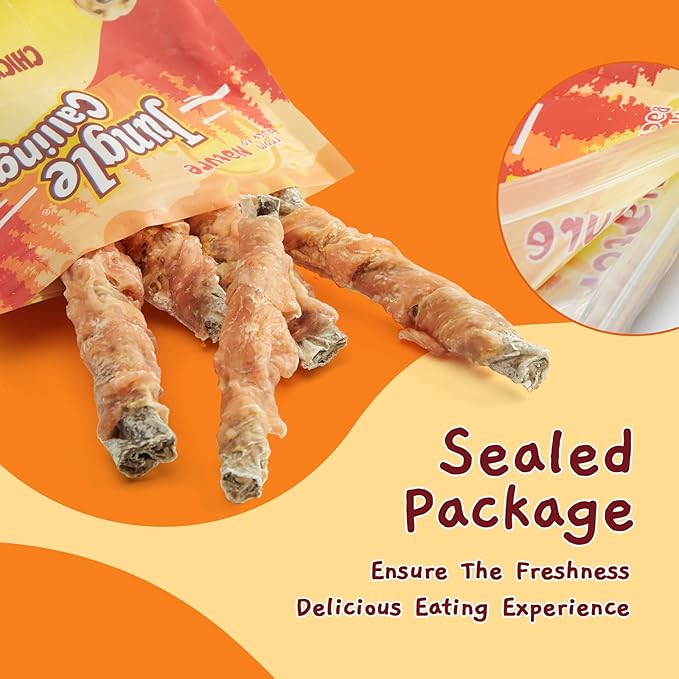 Jungle Calling Dog Treats, High Protein Dog Chewy Treats Health Teeth and Coat, Chicken Wrapped Cod Skin Sticks, Rawhide-Free Cod Fish Skin Treats for Dogs, 10.6 oz